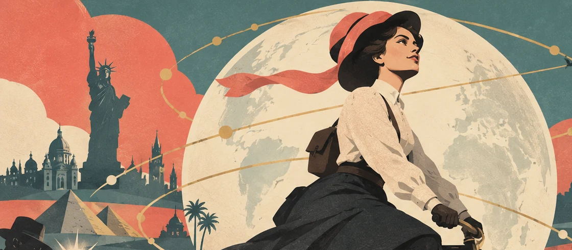 Stylized illustration of a woman riding a bicycle with globe-like wheels, surrounded by maps, ships and city landmarks.