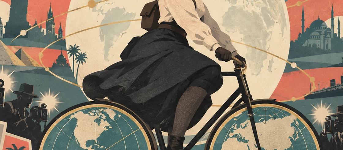 Stylized illustration of a woman riding a bicycle with globe-like wheels, surrounded by maps, ships and city landmarks.