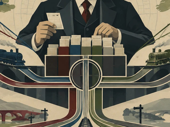 Stylized railway scene showing a clerk above converging rail lines, trains, maps and ticket-like records.