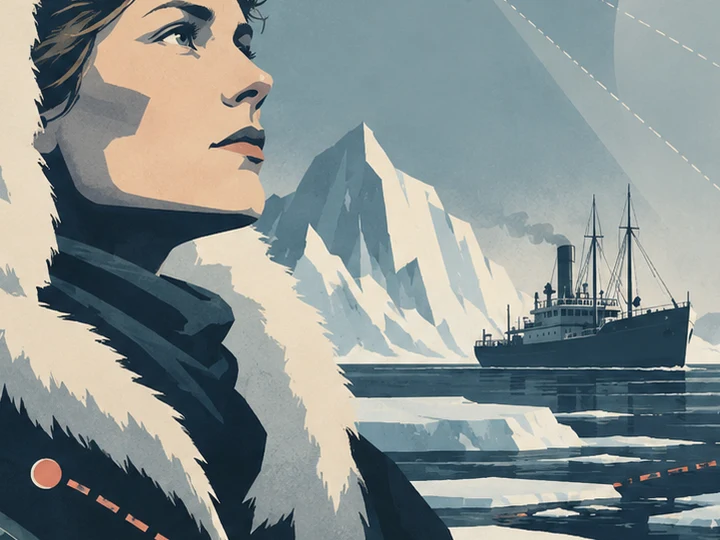 Stylized Arctic scene with a woman in polar clothing, sea ice, a research ship and aircraft over a mapped northern landscape.