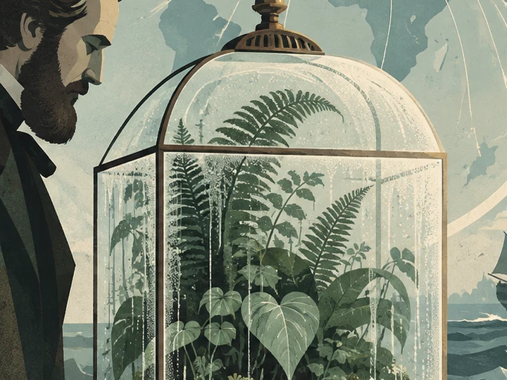 Stylized illustration of a glass plant case filled with ferns beside a 19th-century traveler, with ships and a distant city behind.