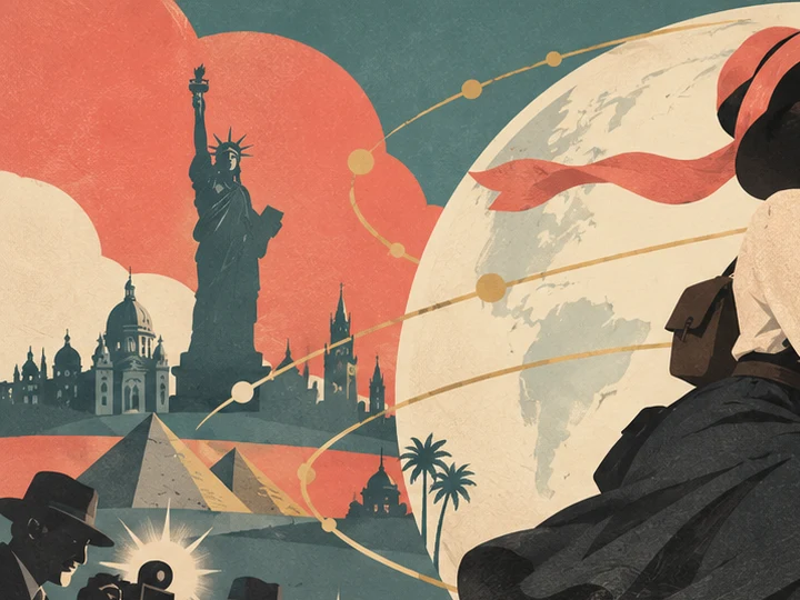 Stylized illustration of a woman riding a bicycle with globe-like wheels, surrounded by maps, ships and city landmarks.