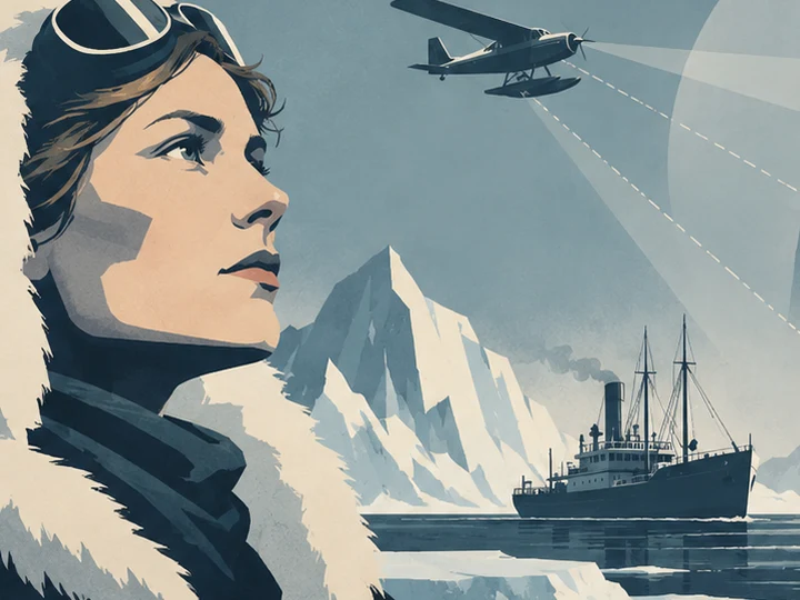 Stylized Arctic scene with a woman in polar clothing, sea ice, a research ship and aircraft over a mapped northern landscape.