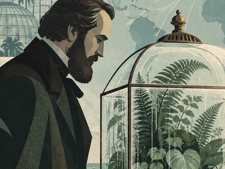 Stylized illustration of a glass plant case filled with ferns beside a 19th-century traveler, with ships and a distant city behind.
