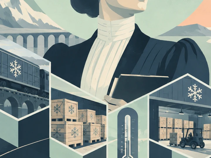 Stylized illustration of a woman overseeing refrigerated shipping boxes linked across a map-like cold-chain network.