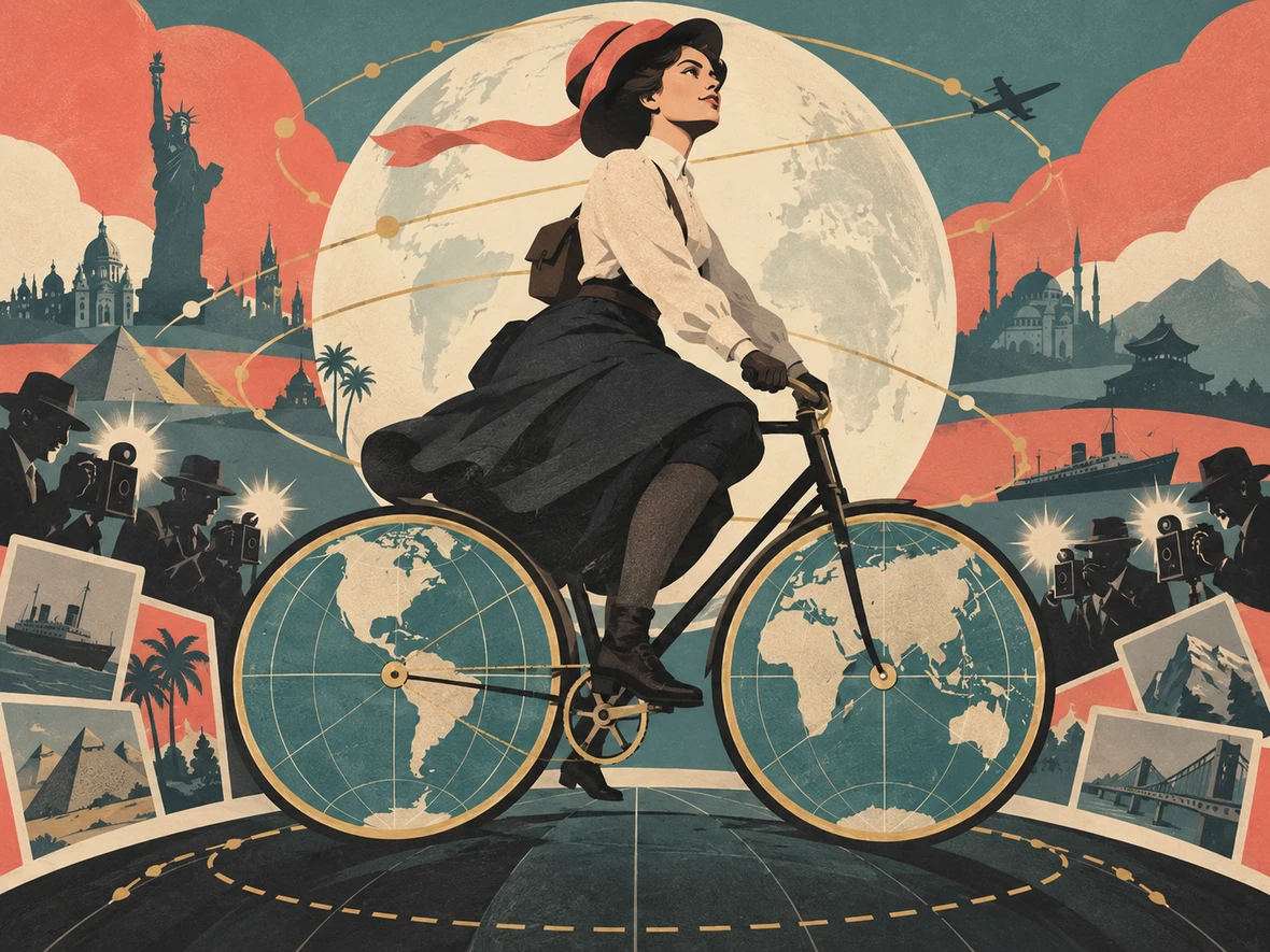 Stylized illustration of a woman riding a bicycle with globe-like wheels, surrounded by maps, ships and city landmarks.