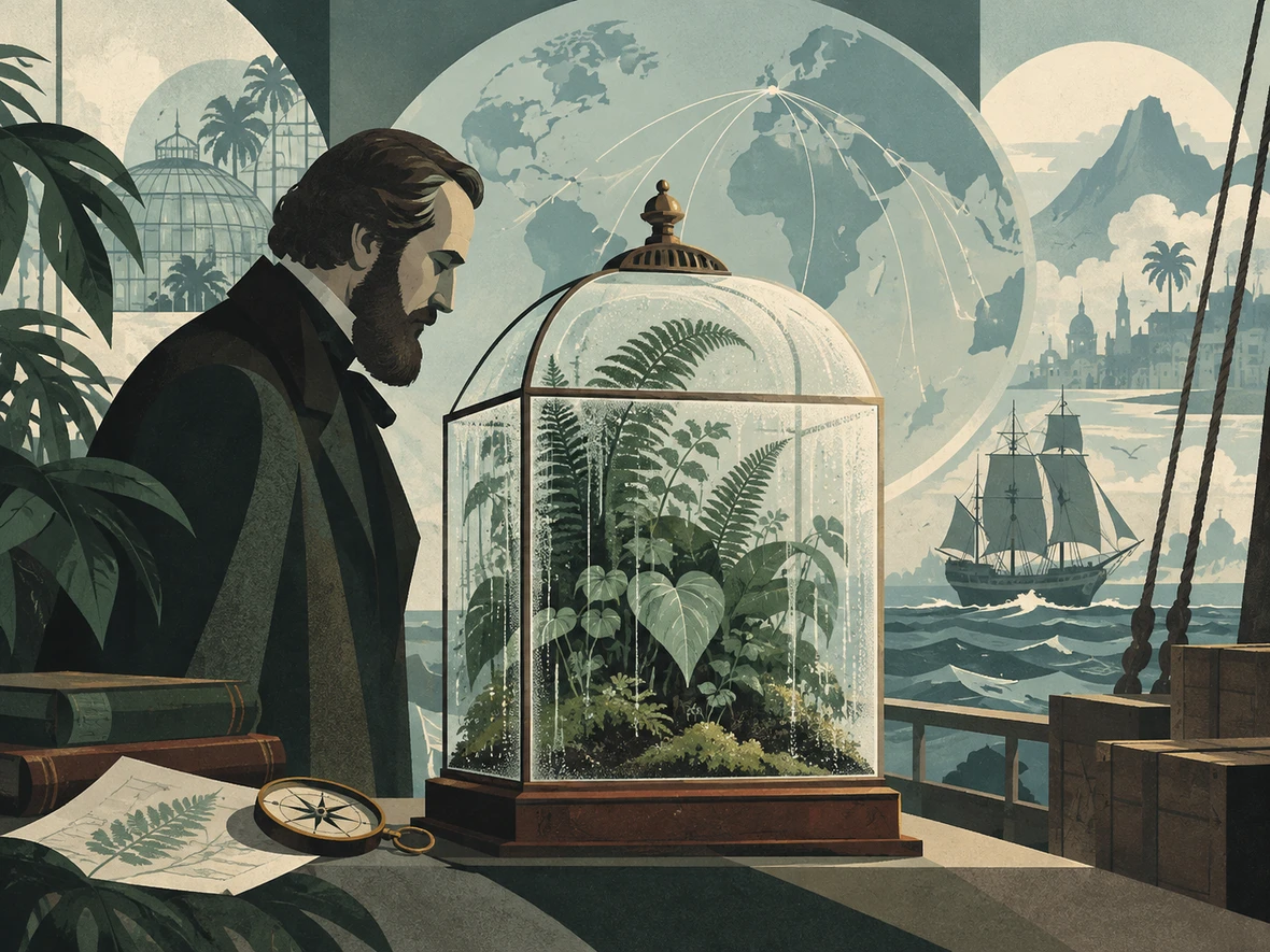 Stylized illustration of a glass plant case filled with ferns beside a 19th-century traveler, with ships and a distant city behind.