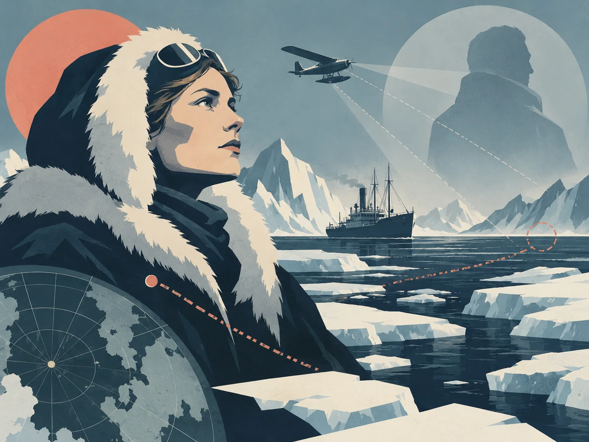 Stylized Arctic scene with a woman in polar clothing, sea ice, a research ship and aircraft over a mapped northern landscape.
