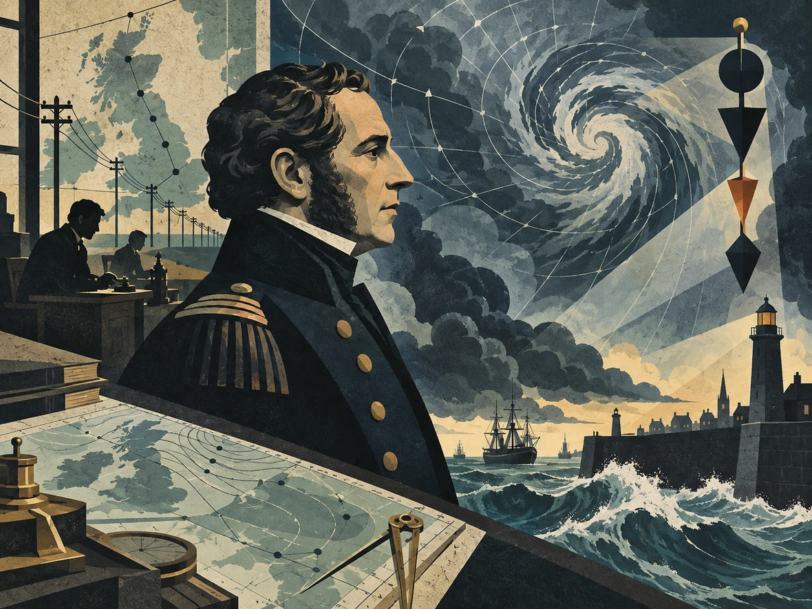 Stylized portrait of a naval officer set against storm clouds, rough seas, charts and coastal warning imagery.