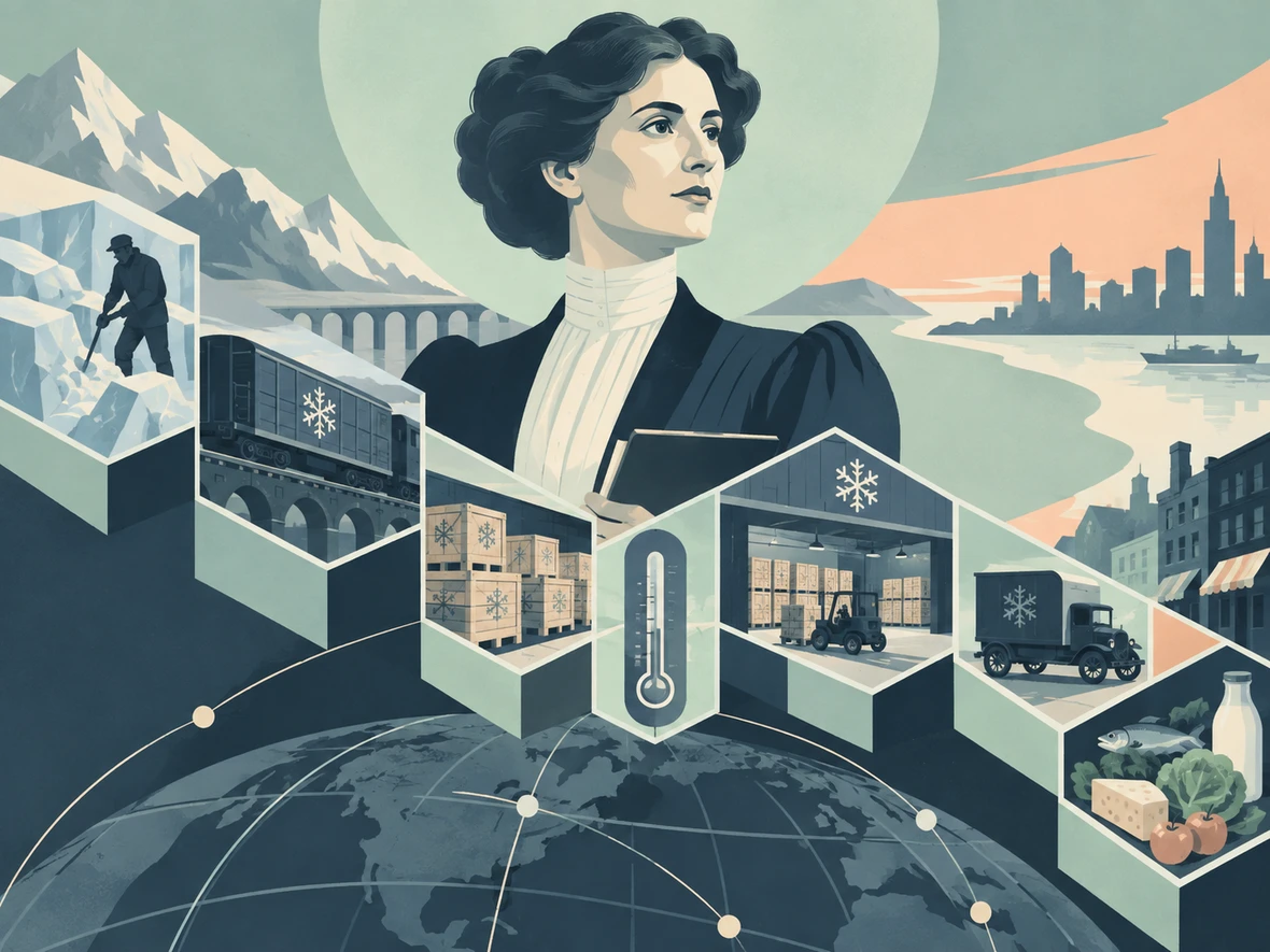 Stylized illustration of a woman overseeing refrigerated shipping boxes linked across a map-like cold-chain network.