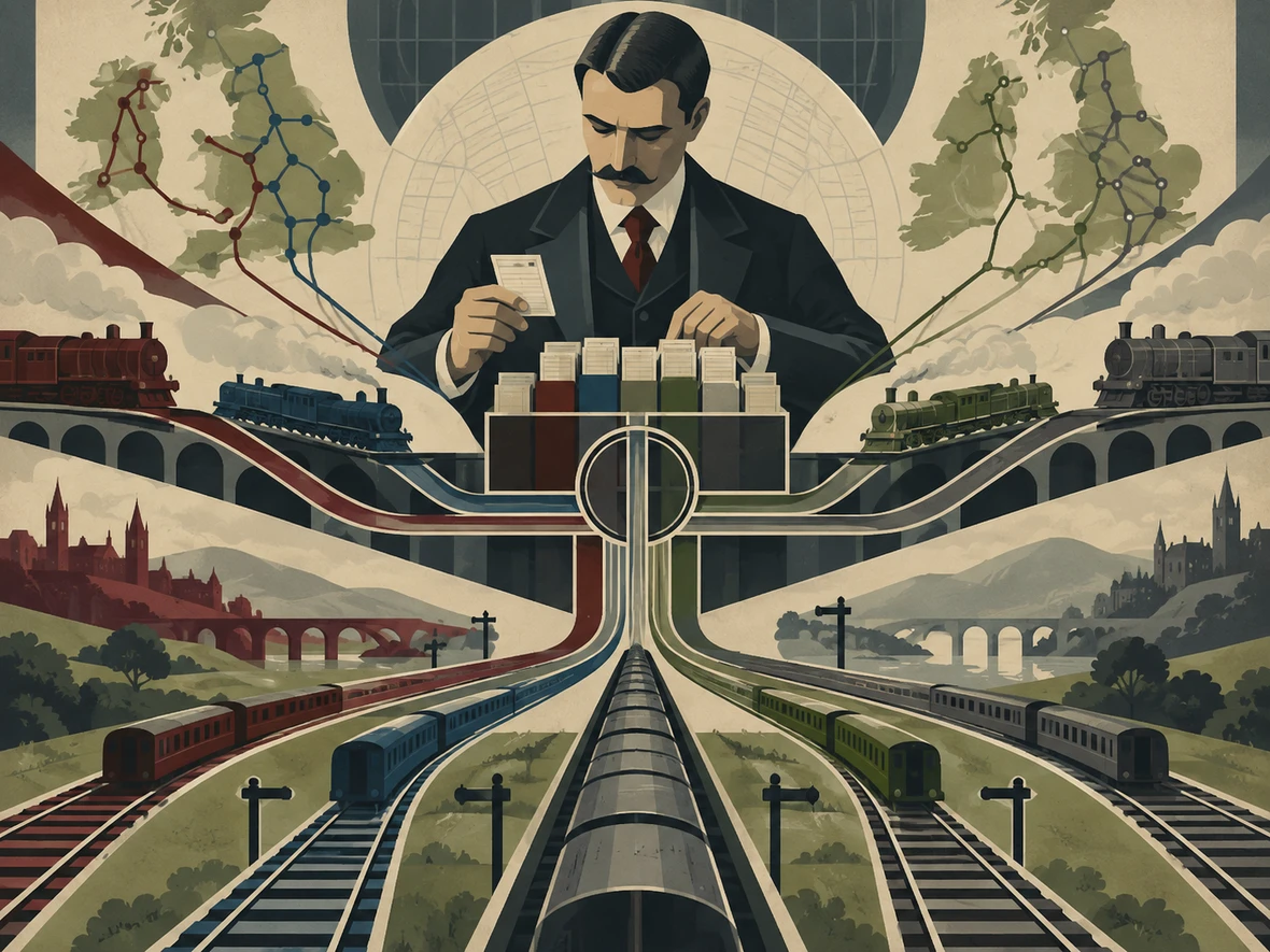 Stylized railway scene showing a clerk above converging rail lines, trains, maps and ticket-like records.