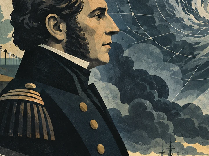 Stylized portrait of a naval officer set against storm clouds, rough seas, charts and coastal warning imagery.