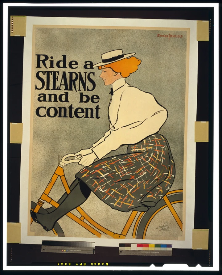 Period Stearns bicycle poster showing a woman riding a bicycle.