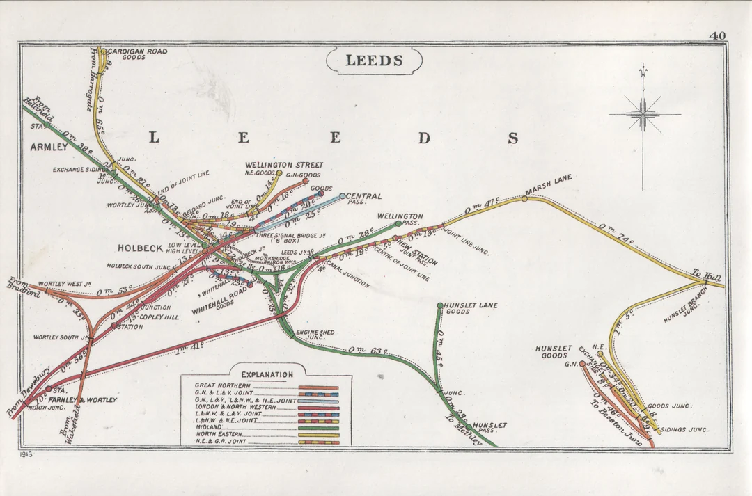 A 1913–14 Railway Clearing House junction diagram of the Leeds railway network, showing many separately operated lines meeting and crossing.